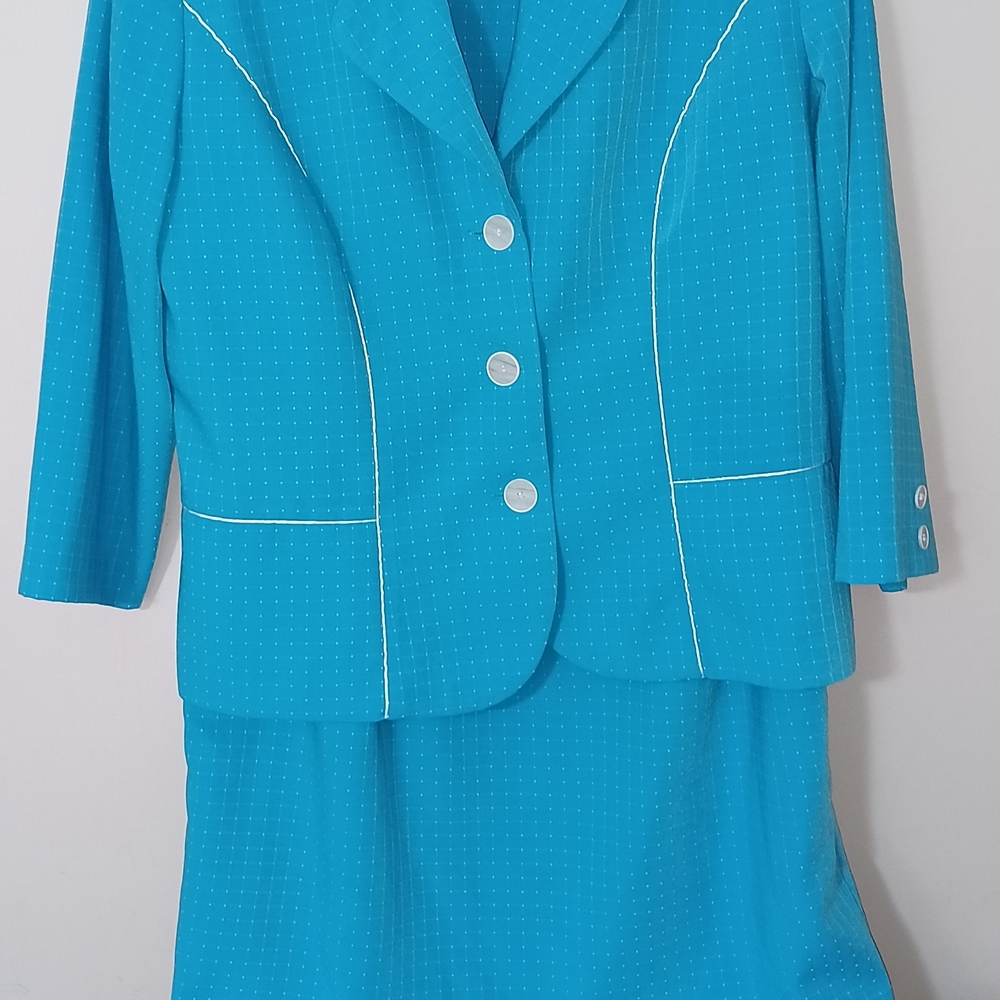 Koret Turquoise Blue Two-Piece Midi Dress Suit with White Piping